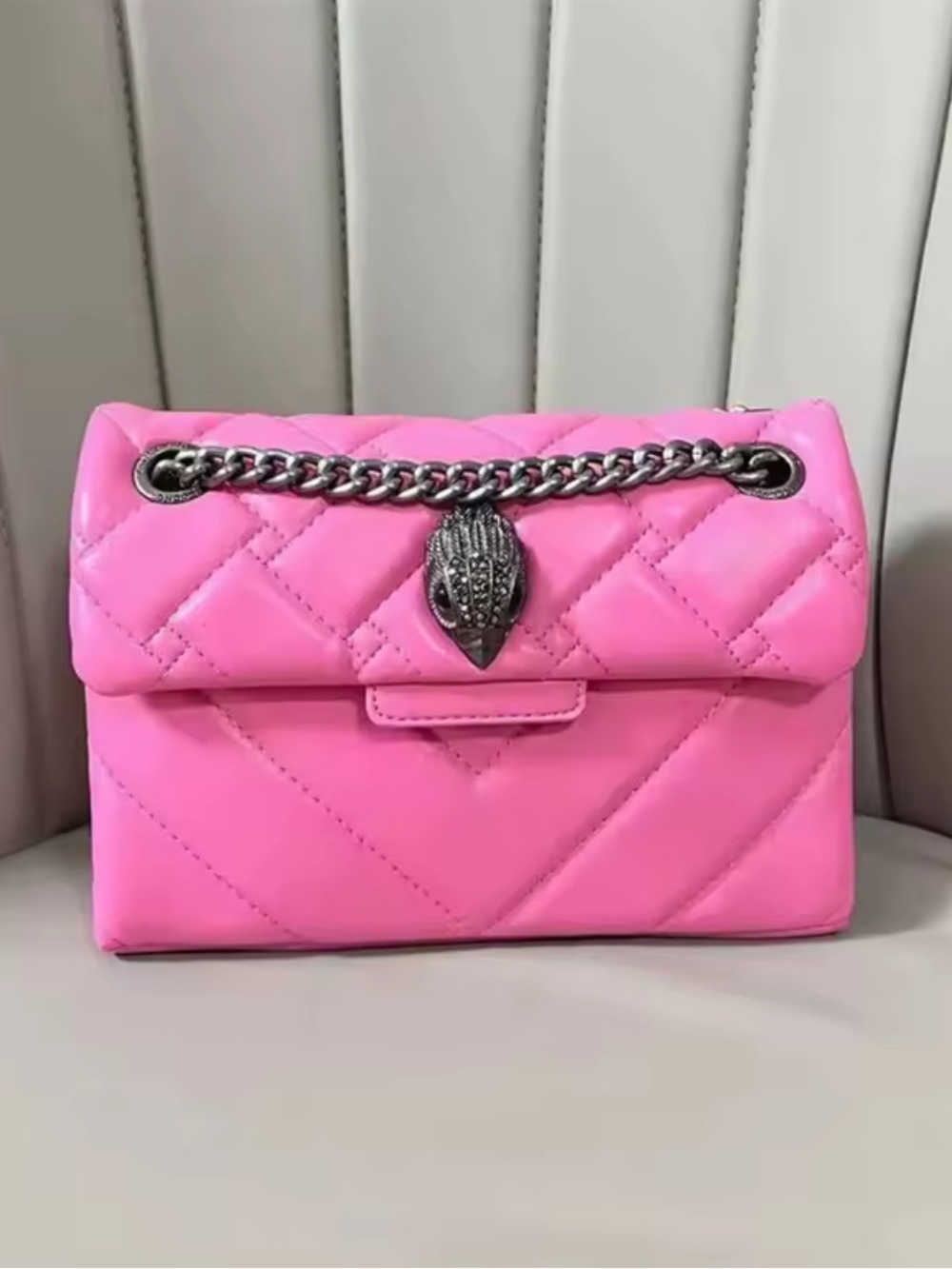 Inspired Kurt Geiger Pink Quilted Shoulder Bag with Silver Chain